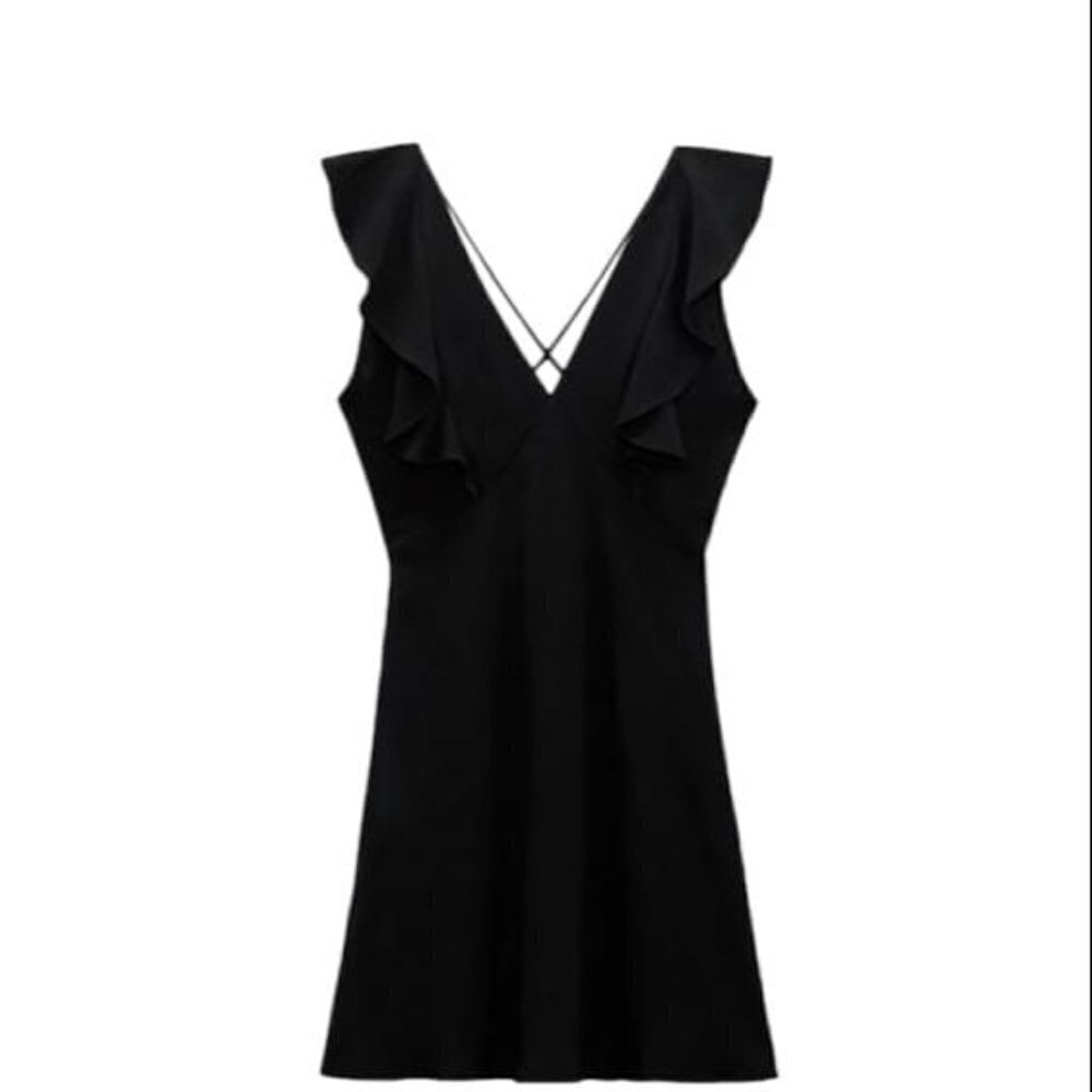 ZARA MINI DRESS WITH RUFFLES BLACK SIZE L | 7484/081/800